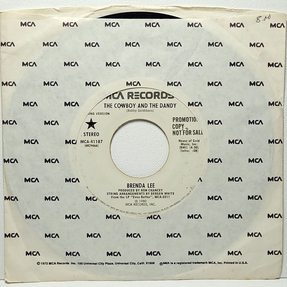 Brenda Lee Promo Vinyl 45 The Cowboy And The Dandy on MCA VG Country